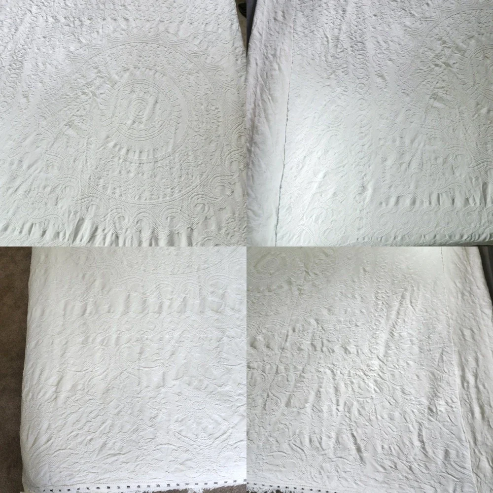 Queen Victoria White Cotton Fringe Matelasse Medallion Bedspread Full
